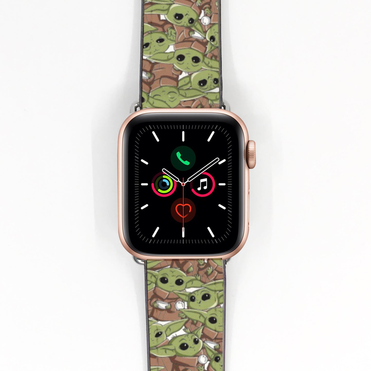 Smartwatch with a 'Baby Yoda' patterned band on a white background