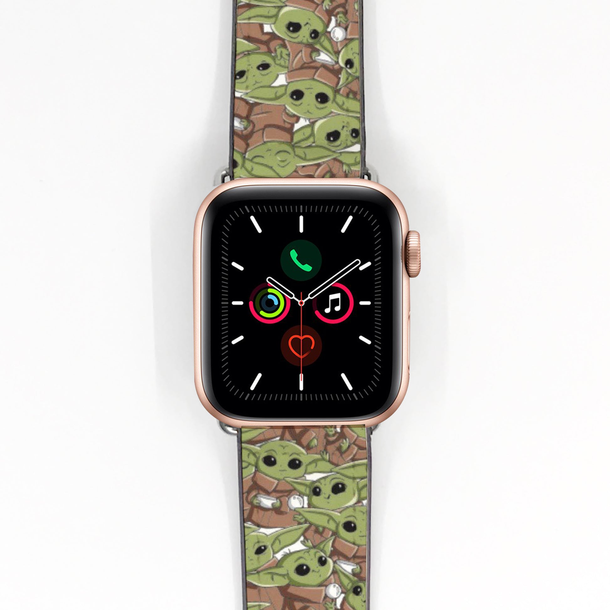 Smartwatch with a 'Baby Yoda' patterned band on a white background