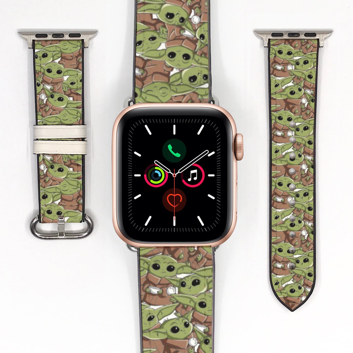 Smartwatch with a 'Baby Yoda' patterned band on a white background
