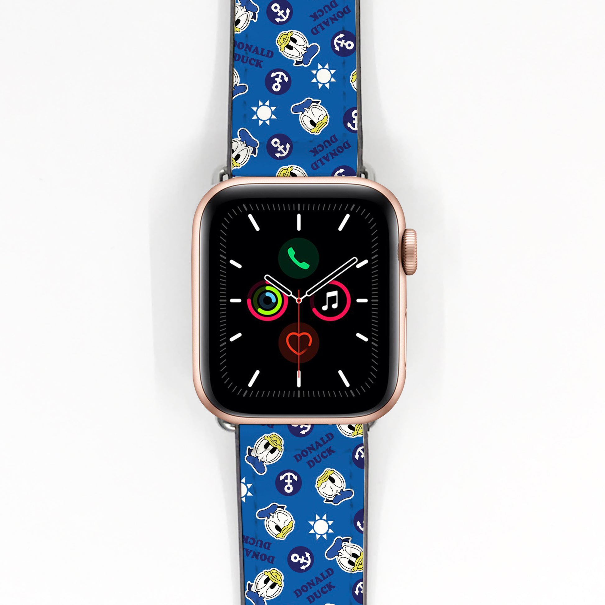 Smartwatch with a blue Donald Duck patterned band on a white background