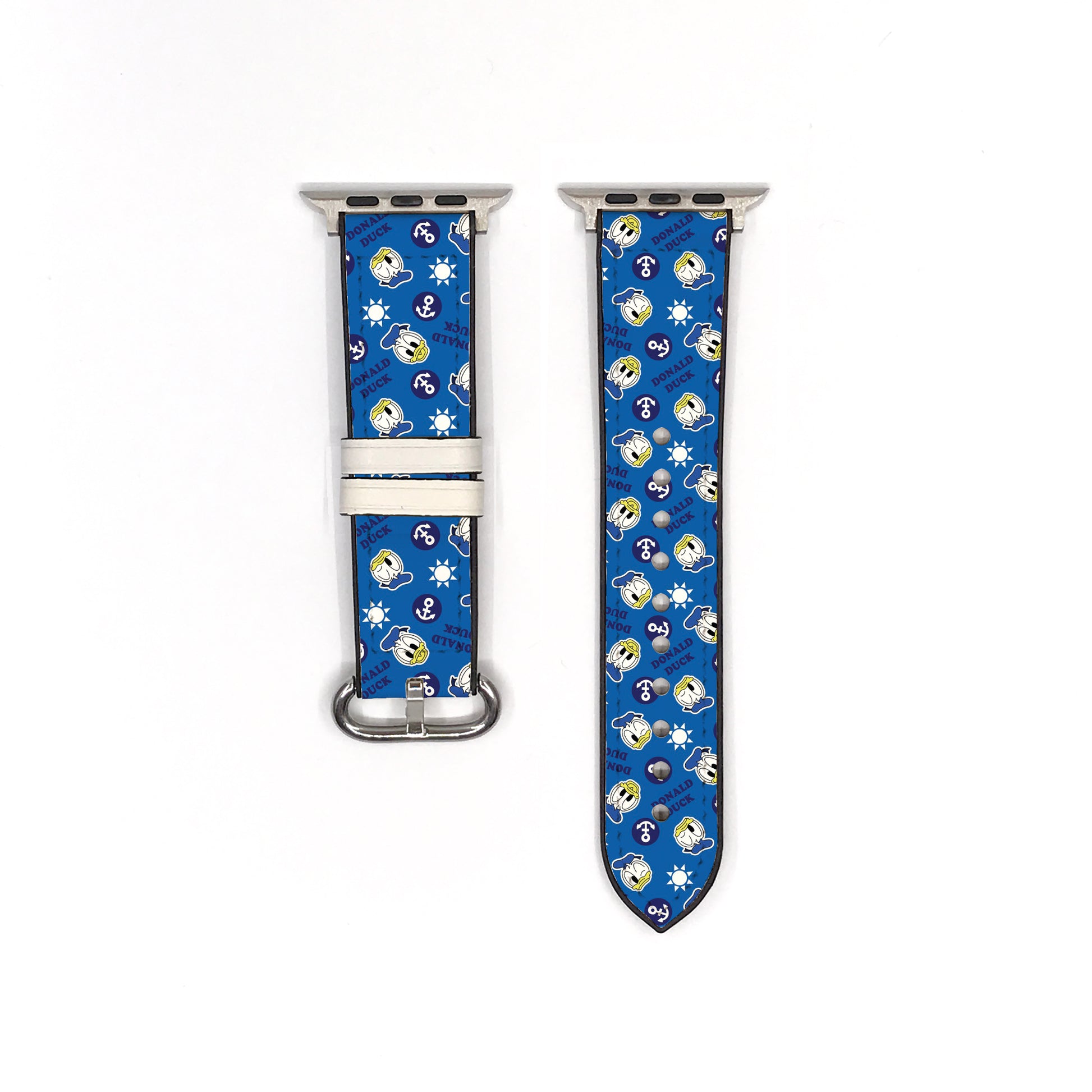 Smartwatch with a blue Donald Duck patterned band on a white background