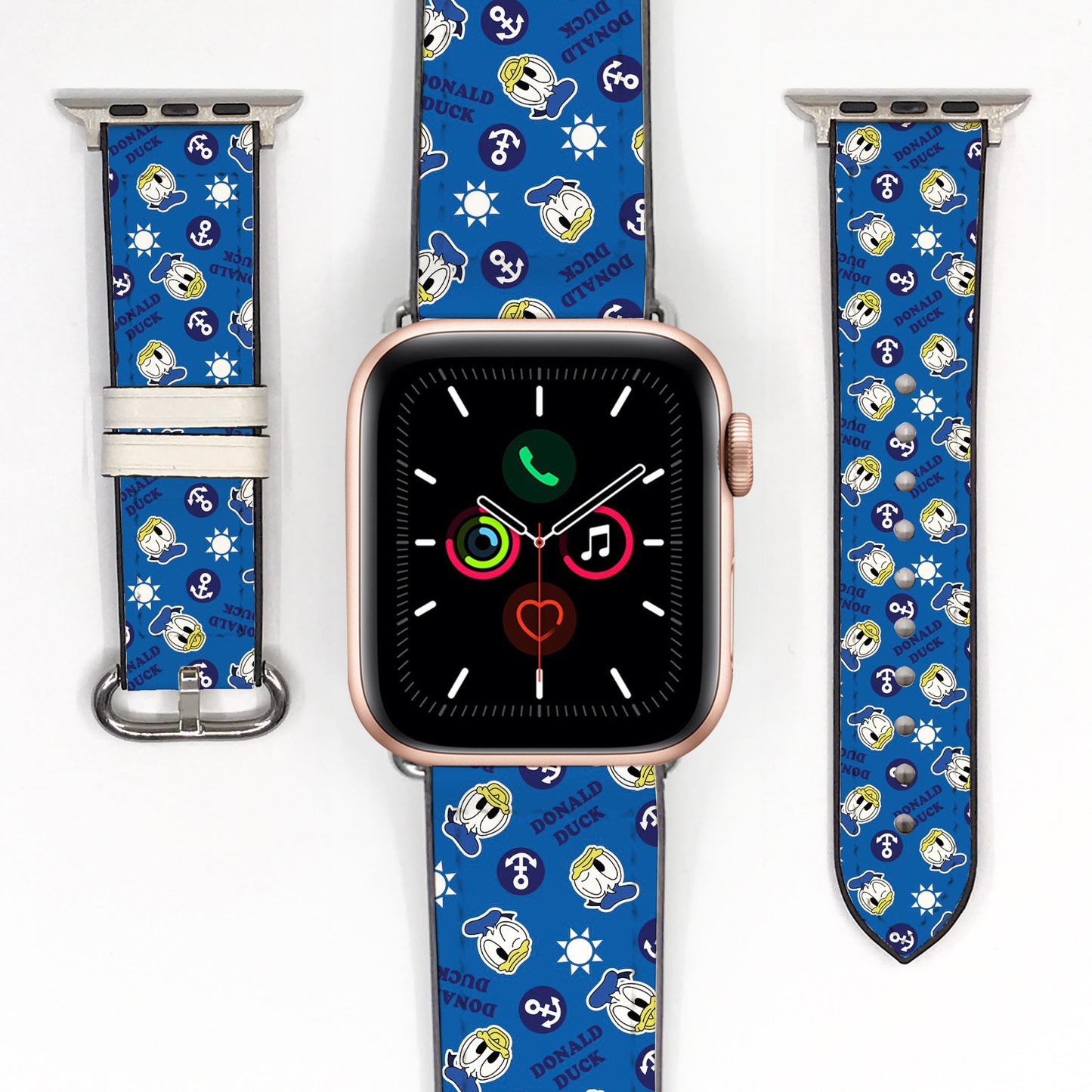 Smartwatch with a blue Donald Duck patterned band on a white background