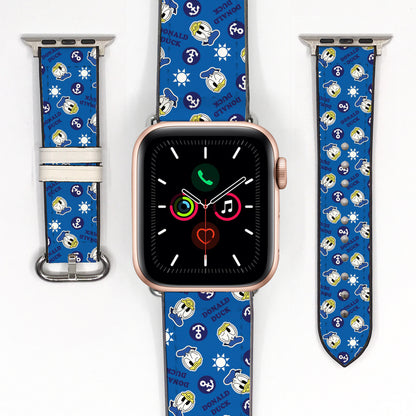 Smartwatch with a blue Donald Duck patterned band on a white background