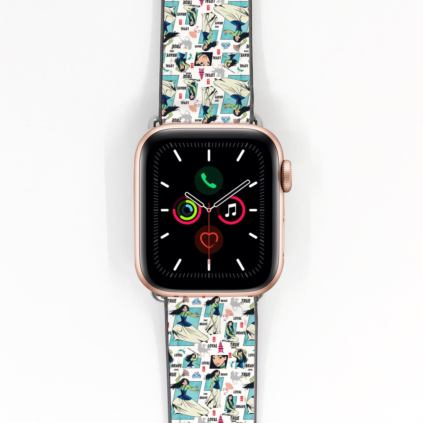 Smartwatch with a colorful mulan patterned band on a white background