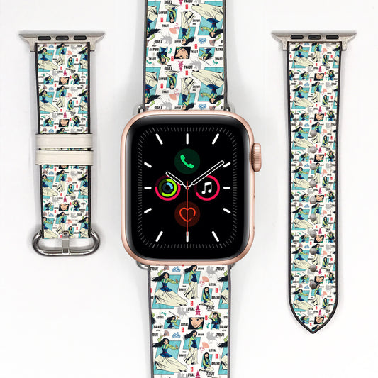 Smartwatch with a colorful mulan patterned band on a white background