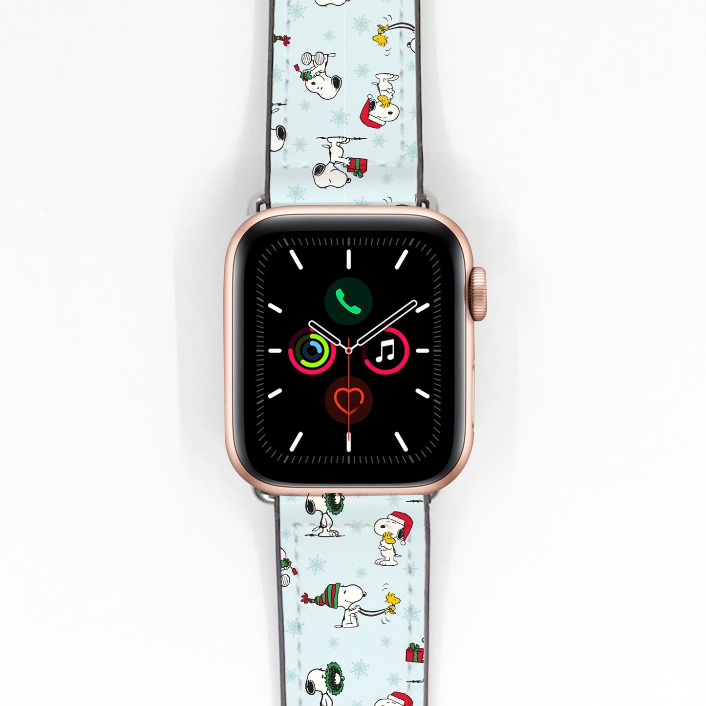 Smartwatch with a decorative band featuring snoopy cartoon characters on a white background