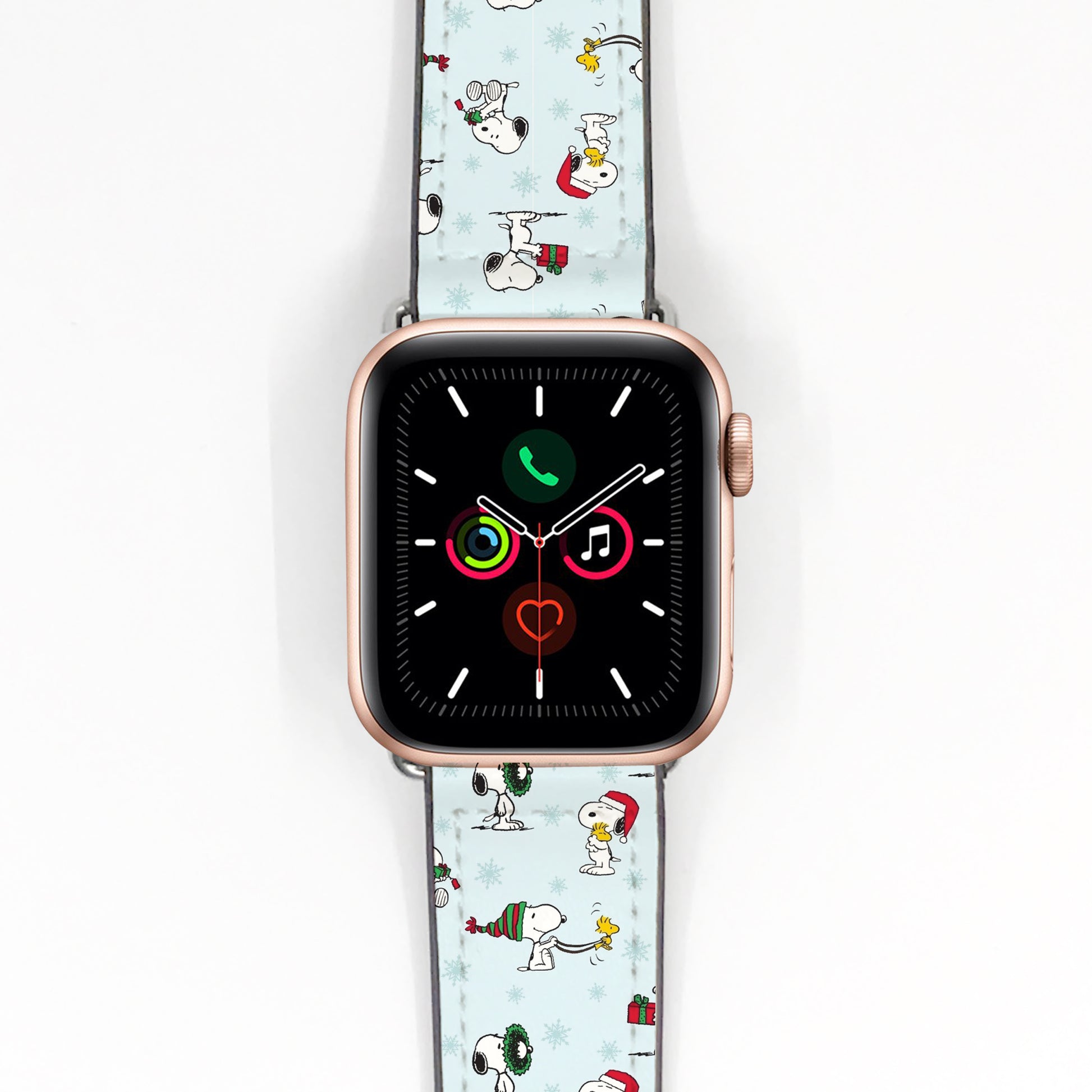 Smartwatch with a decorative band featuring snoopy cartoon characters on a white background