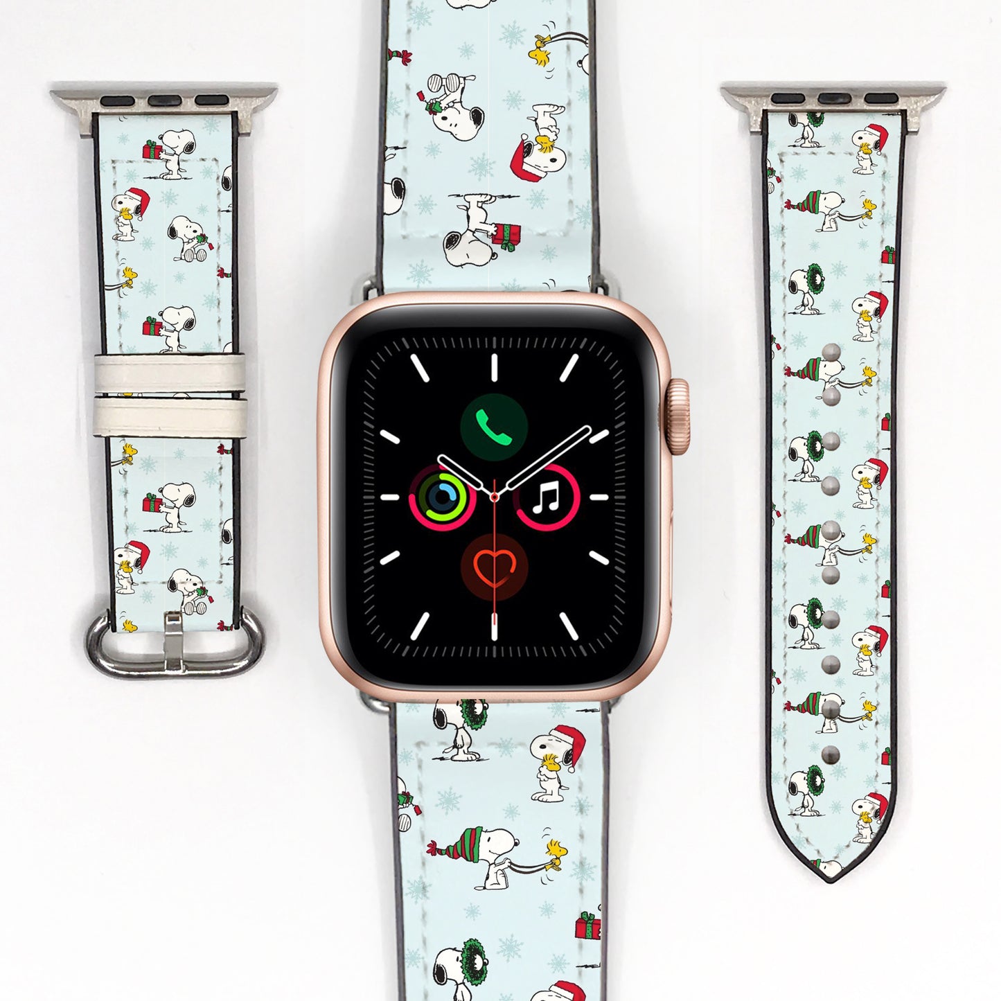 Smartwatch with a decorative band featuring snoopy cartoon characters on a white background