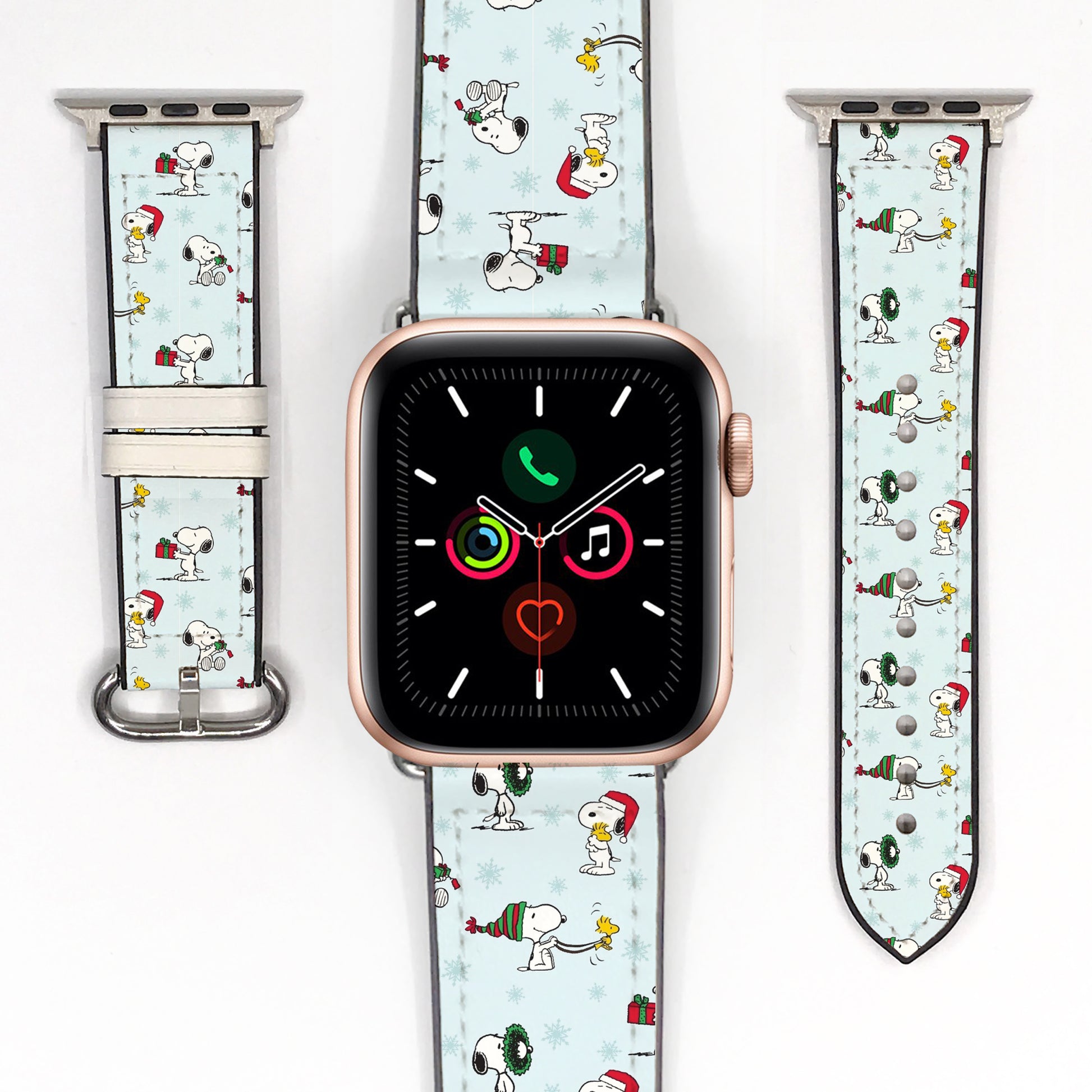 Smartwatch with a decorative band featuring snoopy cartoon characters on a white background