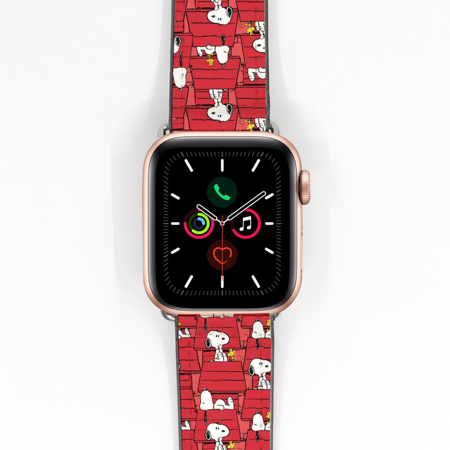 Smartwatch with a red Snoopy patterned band on a white background