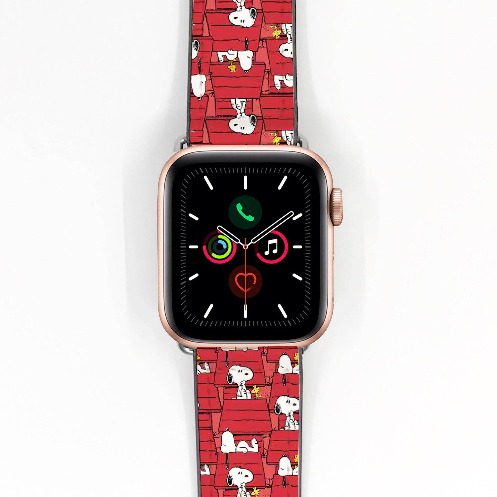 Smartwatch with a red Snoopy patterned band on a white background