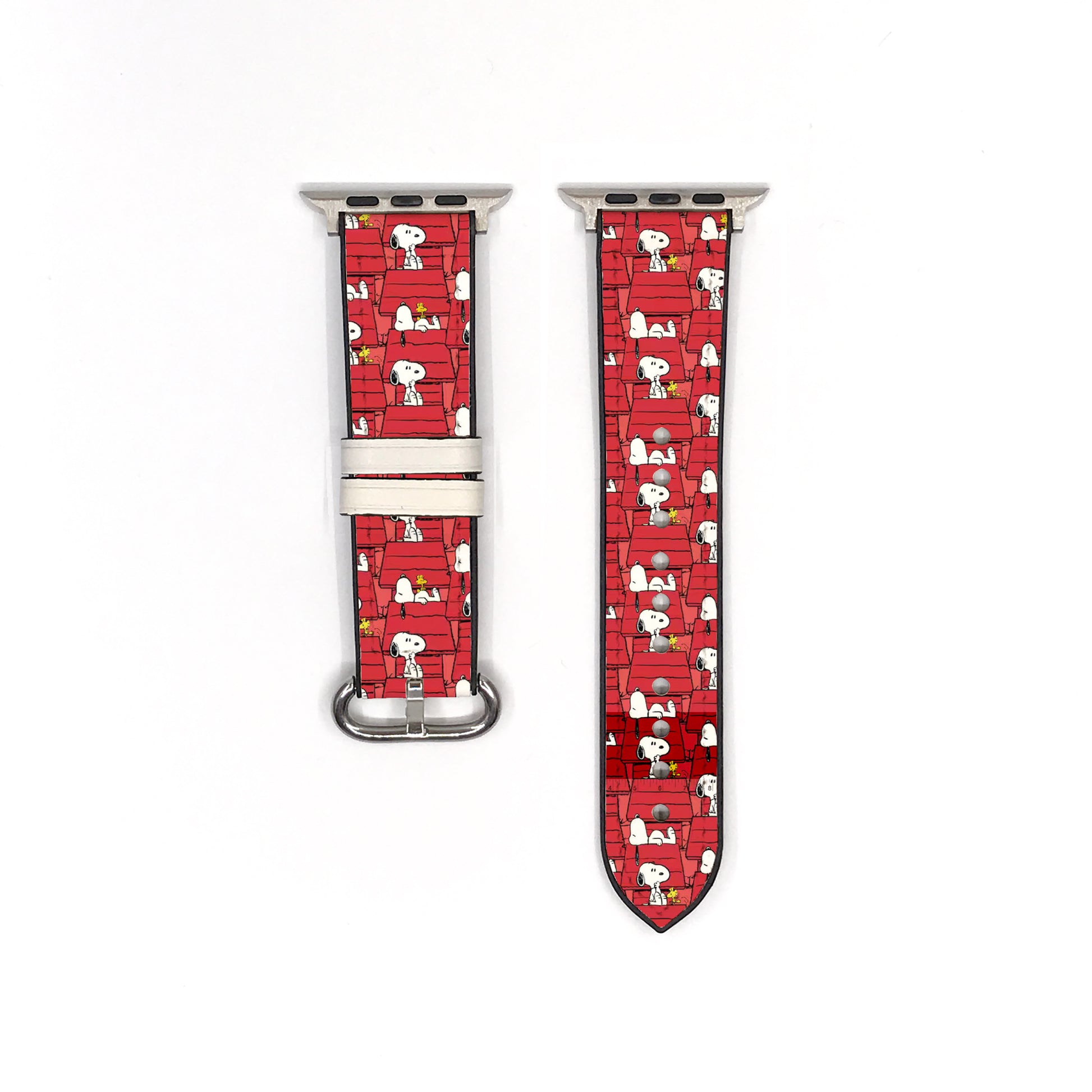 Smartwatch with a red Snoopy patterned band on a white background