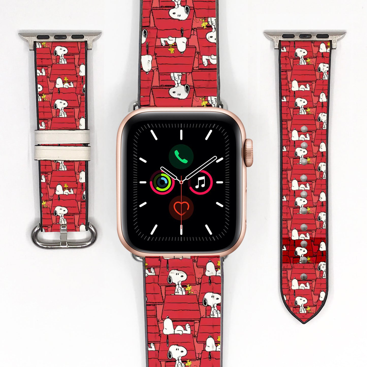 Smartwatch with a red Snoopy patterned band on a white background