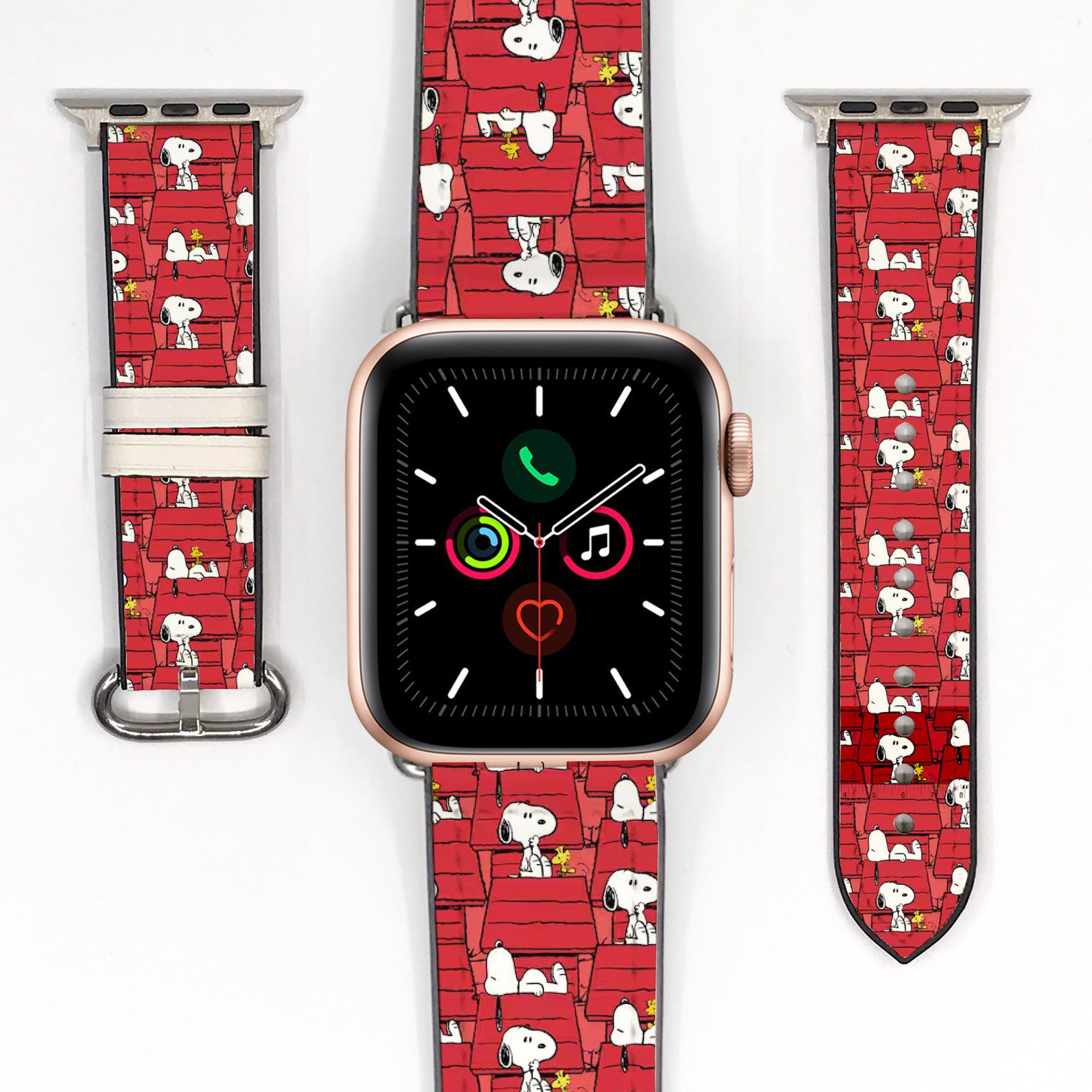 Smartwatch with a red Snoopy patterned band on a white background