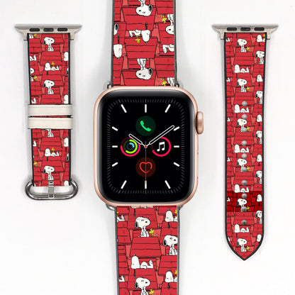 Smartwatch with a red Snoopy patterned band on a white background