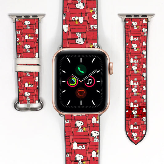 Smartwatch with a red Snoopy patterned band on a white background