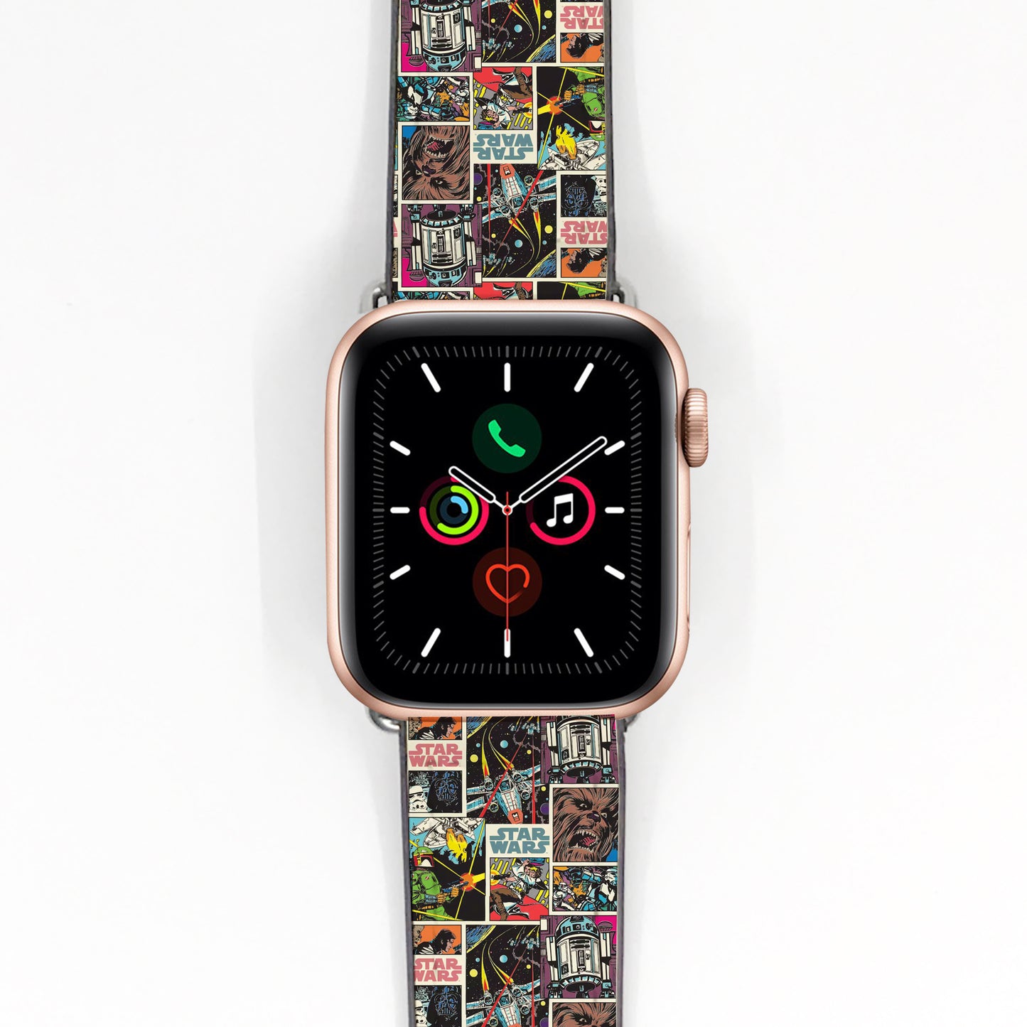 Smartwatch with a colorful star wars comic book patterned band on a white background