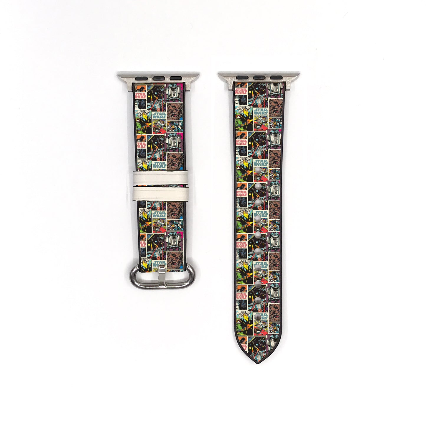 Smartwatch with a colorful star wars comic book patterned band on a white background