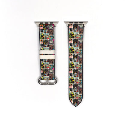 Smartwatch with a colorful star wars comic book patterned band on a white background