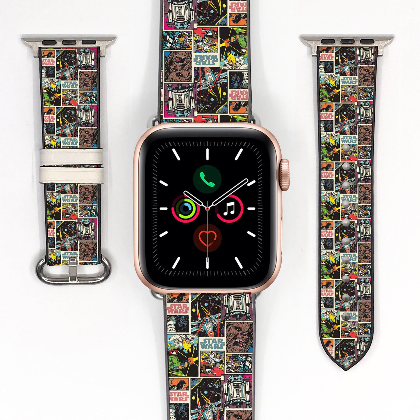 Smartwatch with a colorful star wars comic book patterned band on a white background