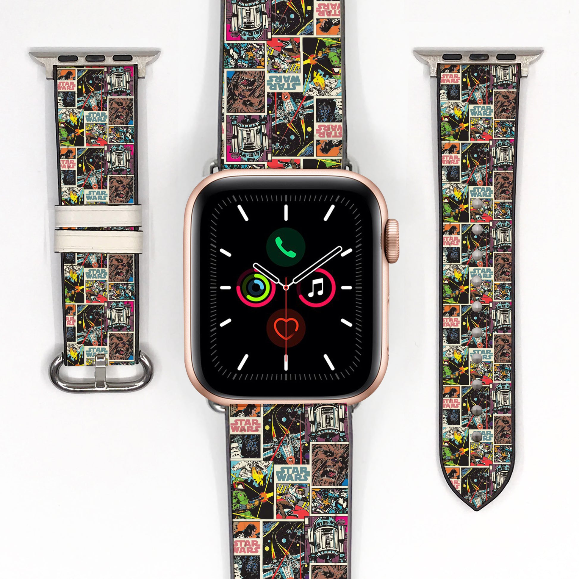 Smartwatch with a colorful star wars comic book patterned band on a white background