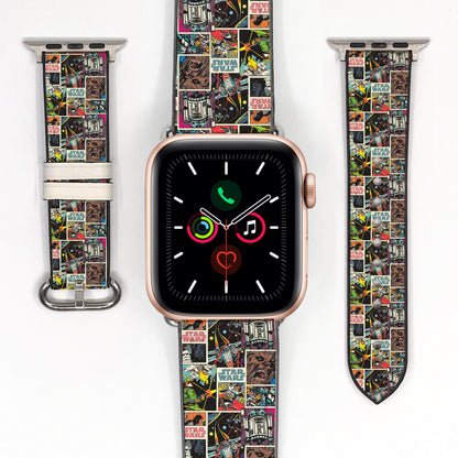 Smartwatch with a colorful star wars comic book patterned band on a white background