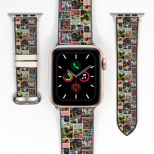 Smartwatch with a colorful star wars comic book patterned band on a white background