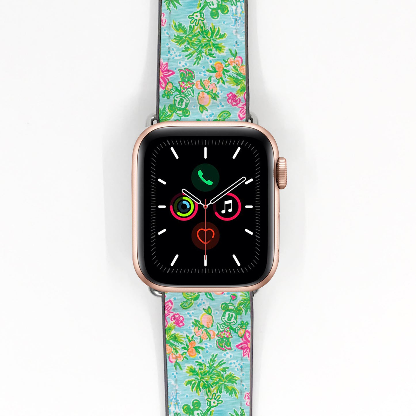 Smartwatch with a minnie and mickey mouse in floral patterned band on a white background
