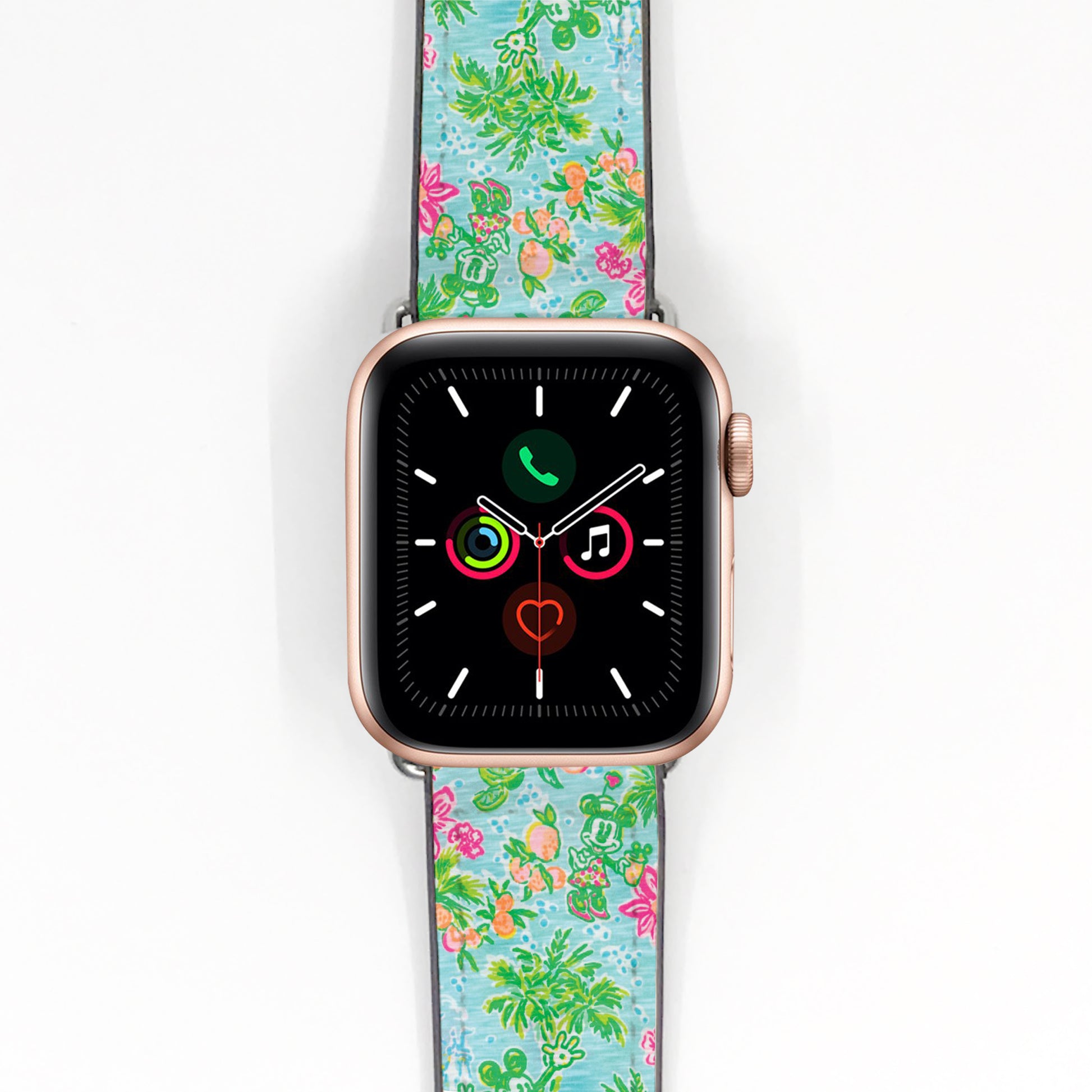 Smartwatch with a minnie and mickey mouse in floral patterned band on a white background