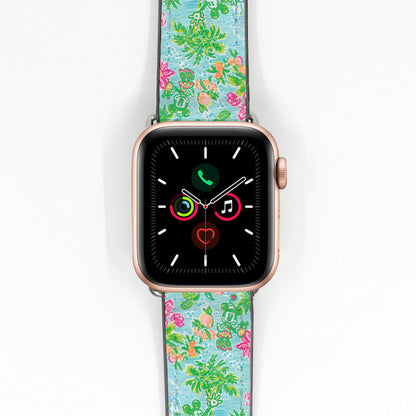 Smartwatch with a minnie and mickey mouse in floral patterned band on a white background