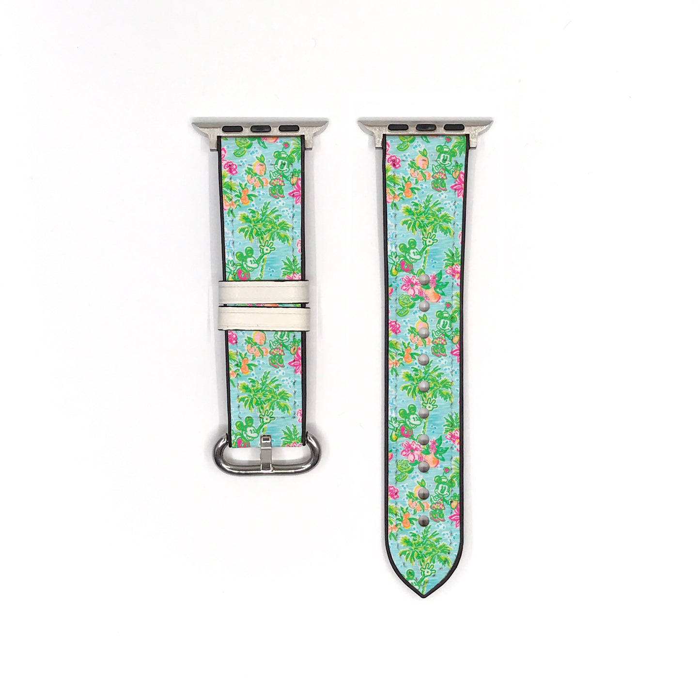 Smartwatch with a minnie and mickey mouse in floral patterned band on a white background