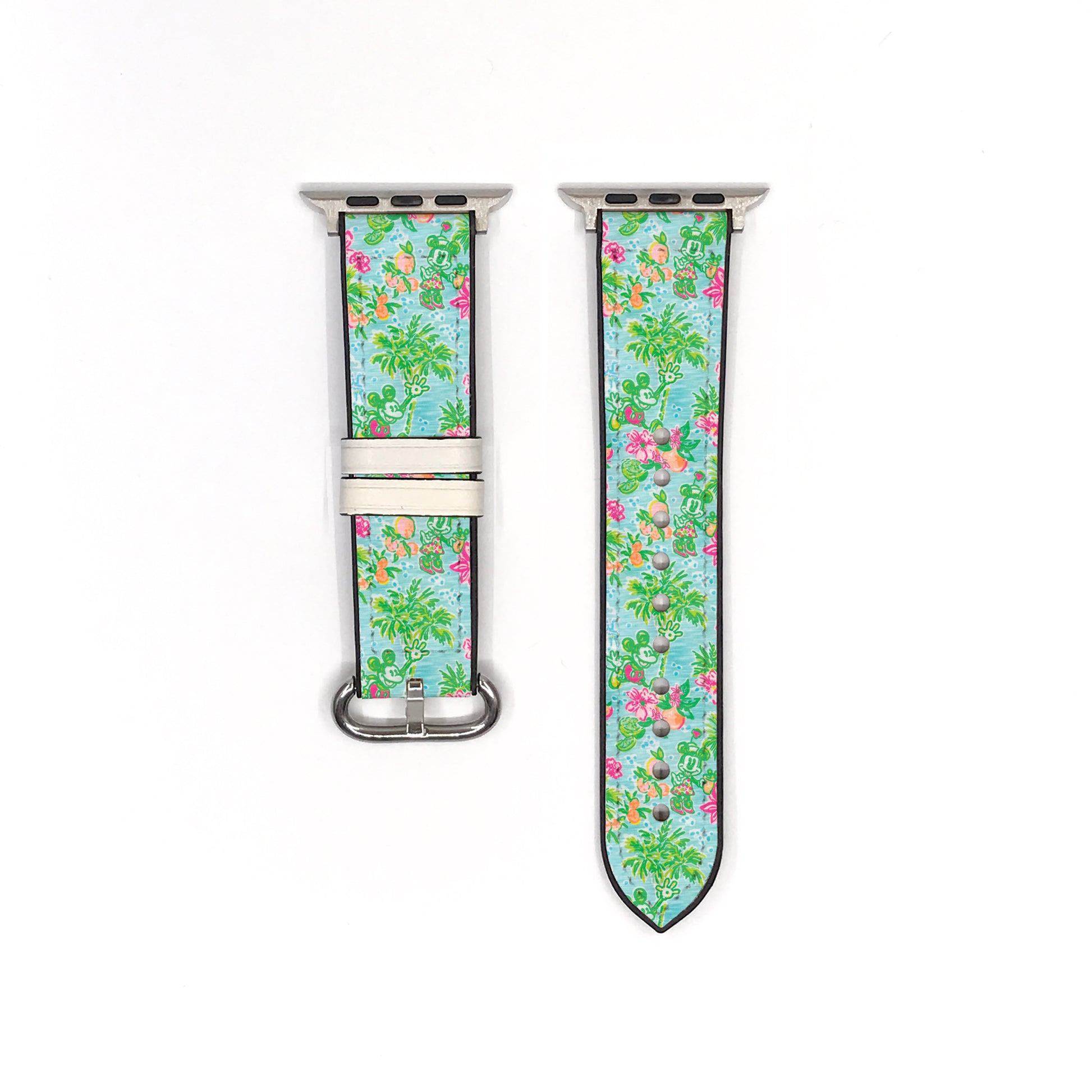 Smartwatch with a minnie and mickey mouse in floral patterned band on a white background