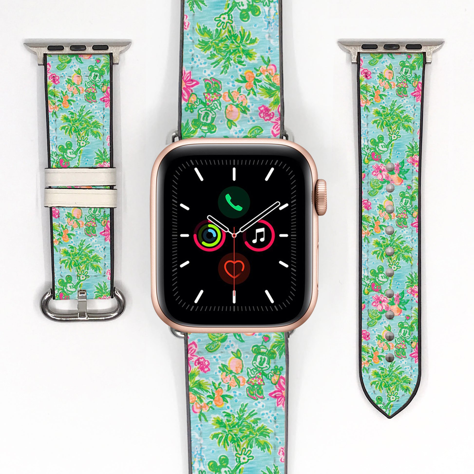 Smartwatch with a minnie and mickey mouse in floral patterned band on a white background