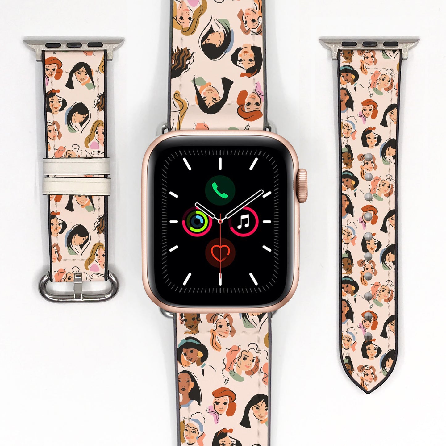 Smartwatch with a disney princess character-themed band on a white background