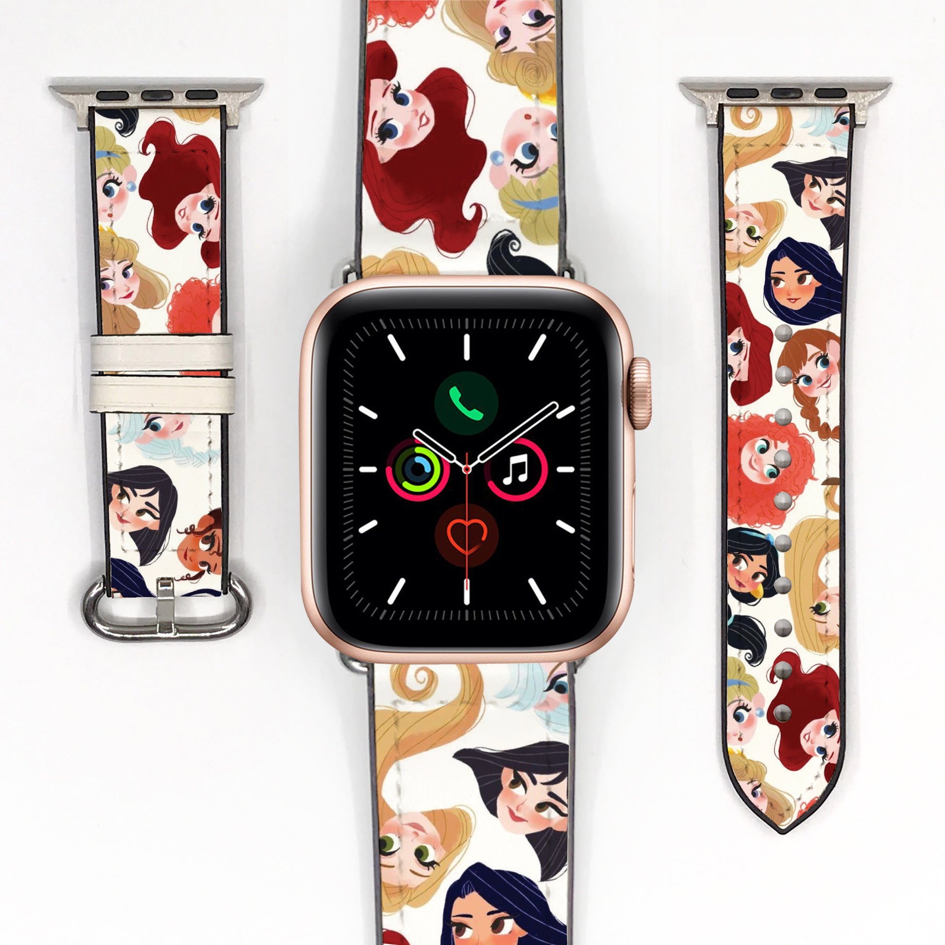Smartwatch with a colorful band featuring disney princess characters on a white background
