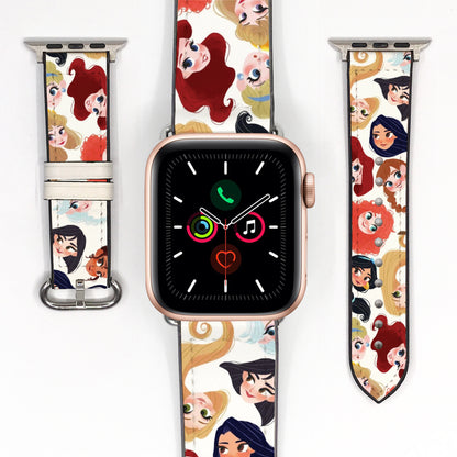 Smartwatch with a colorful band featuring disney princess characters on a white background