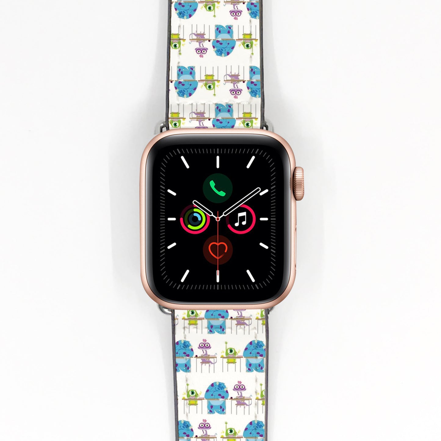 Smartwatch with a colorful monster inc characters patterned band on a white background