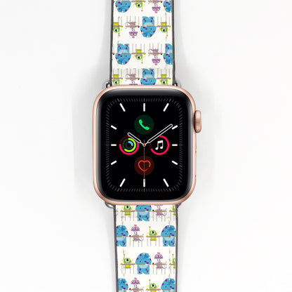 Smartwatch with a colorful monster inc characters patterned band on a white background