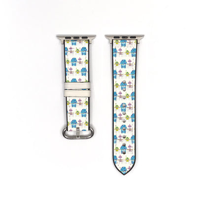 Smartwatch with a colorful monster inc characters patterned band on a white background