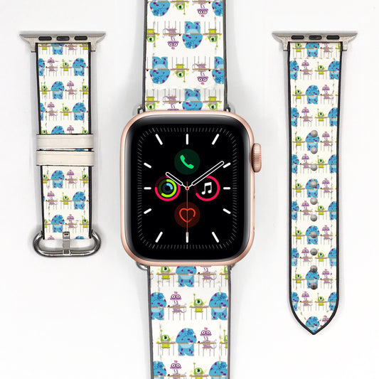 Smartwatch with a colorful monster inc characters patterned band on a white background