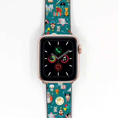Smartwatch with a colorful disney theme park attractions patterned band on a white background