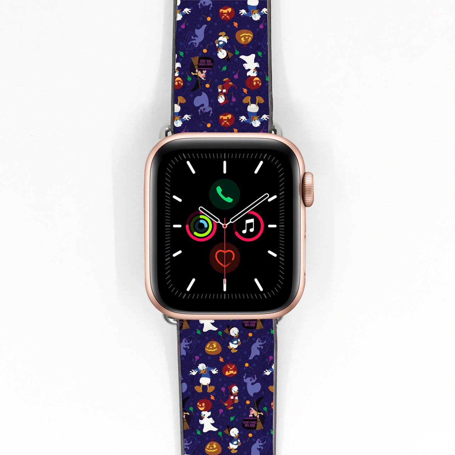 Smartwatch with a Donald Duck Halloween-themed strap on a white background