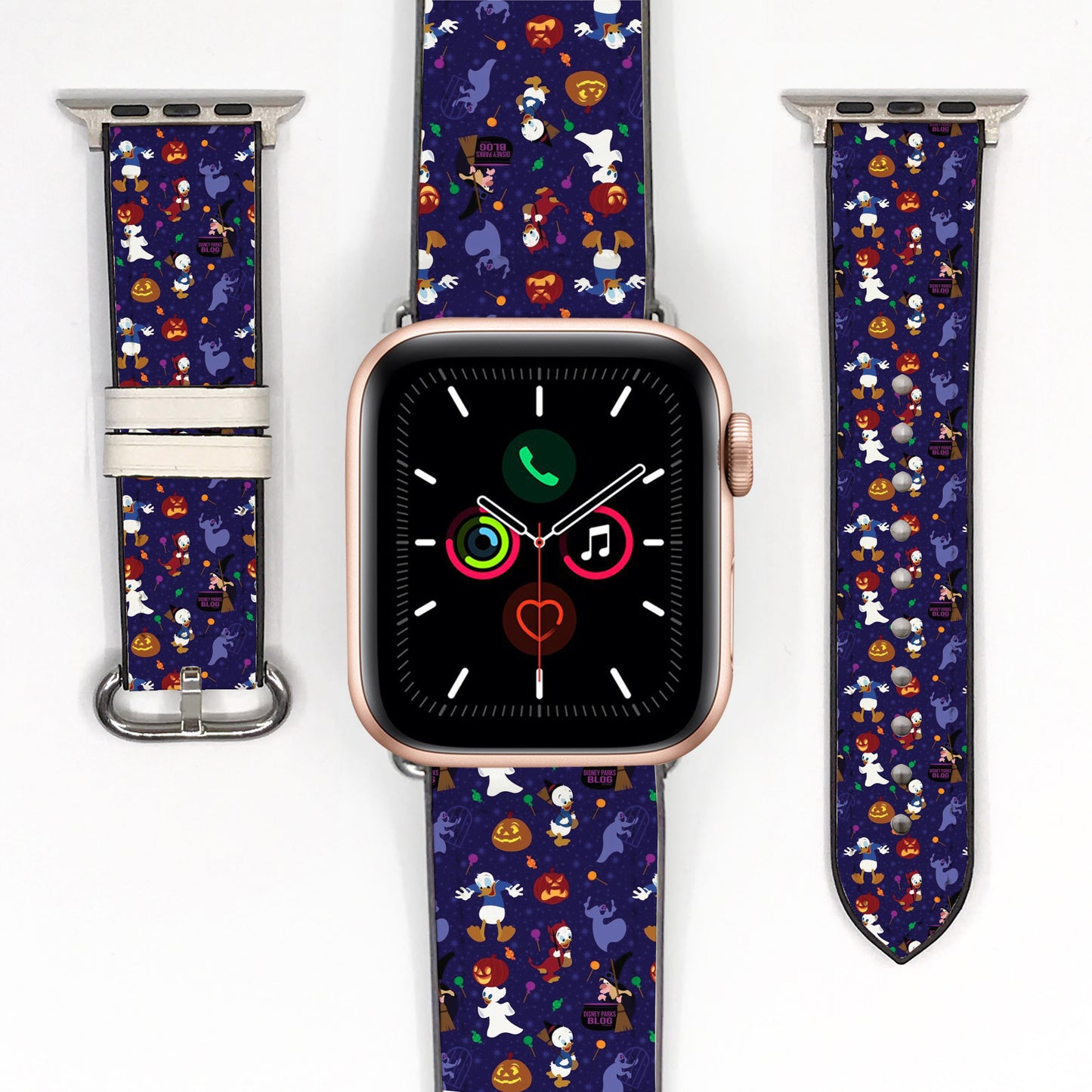 Smartwatch with a Donald Duck Halloween-themed strap on a white background