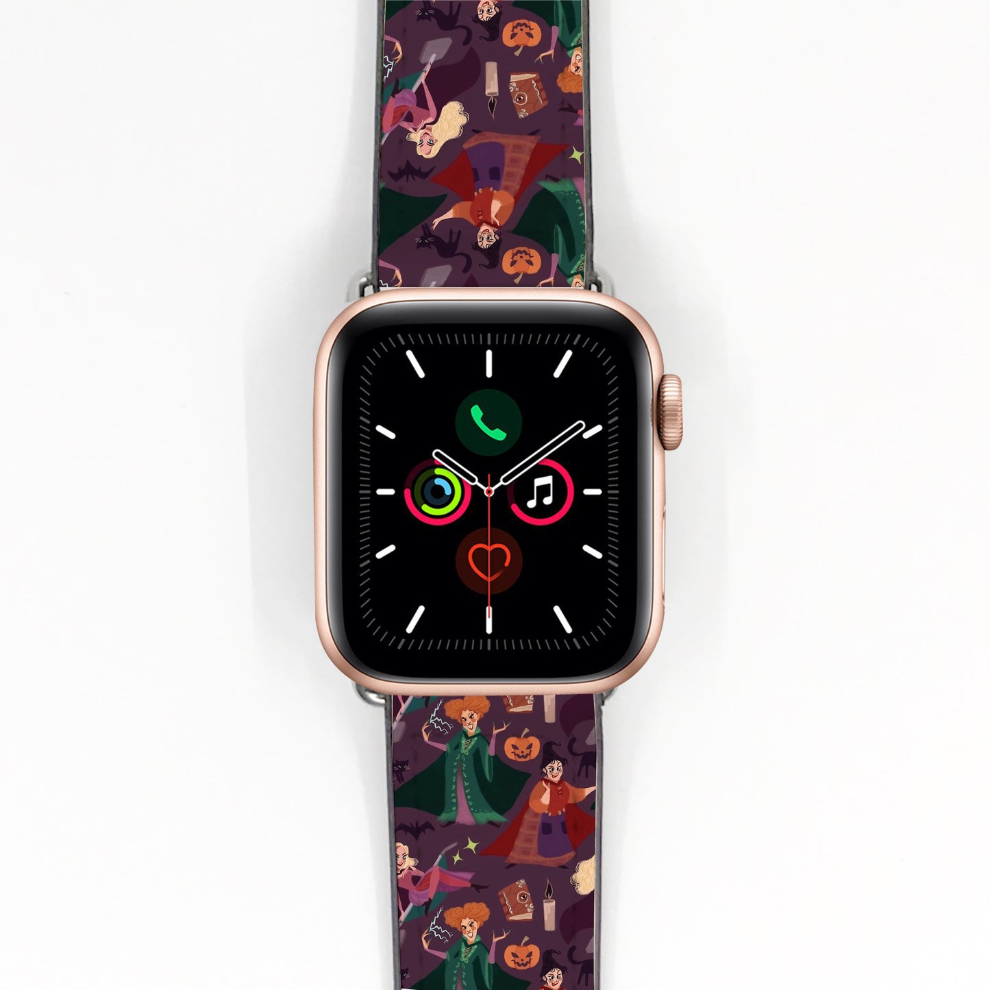 Smartwatch with a Hocus Pocus Halloween-themed strap on a white background