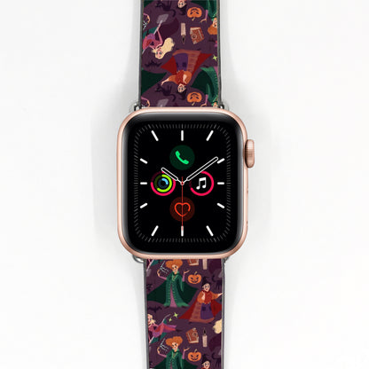 Smartwatch with a Hocus Pocus Halloween-themed strap on a white background