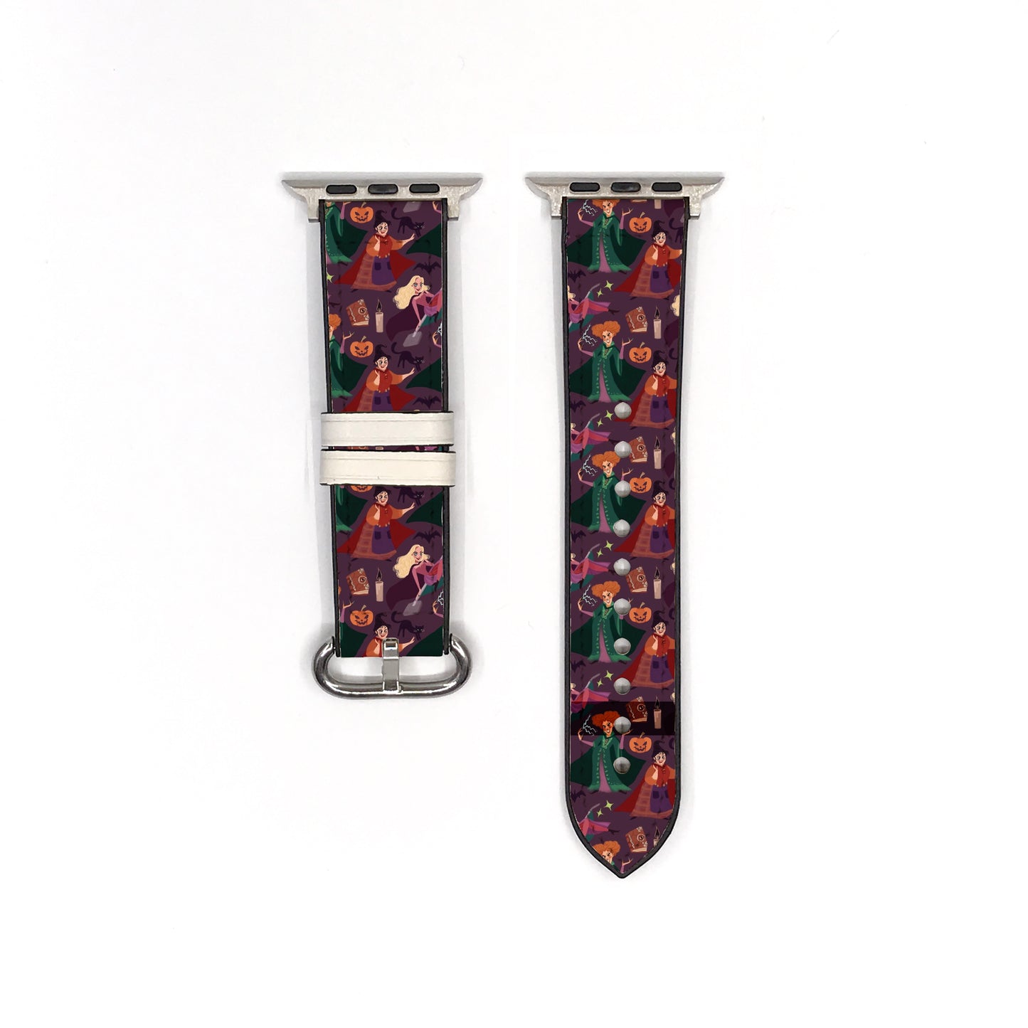 Smartwatch with a Hocus Pocus Halloween-themed strap on a white background