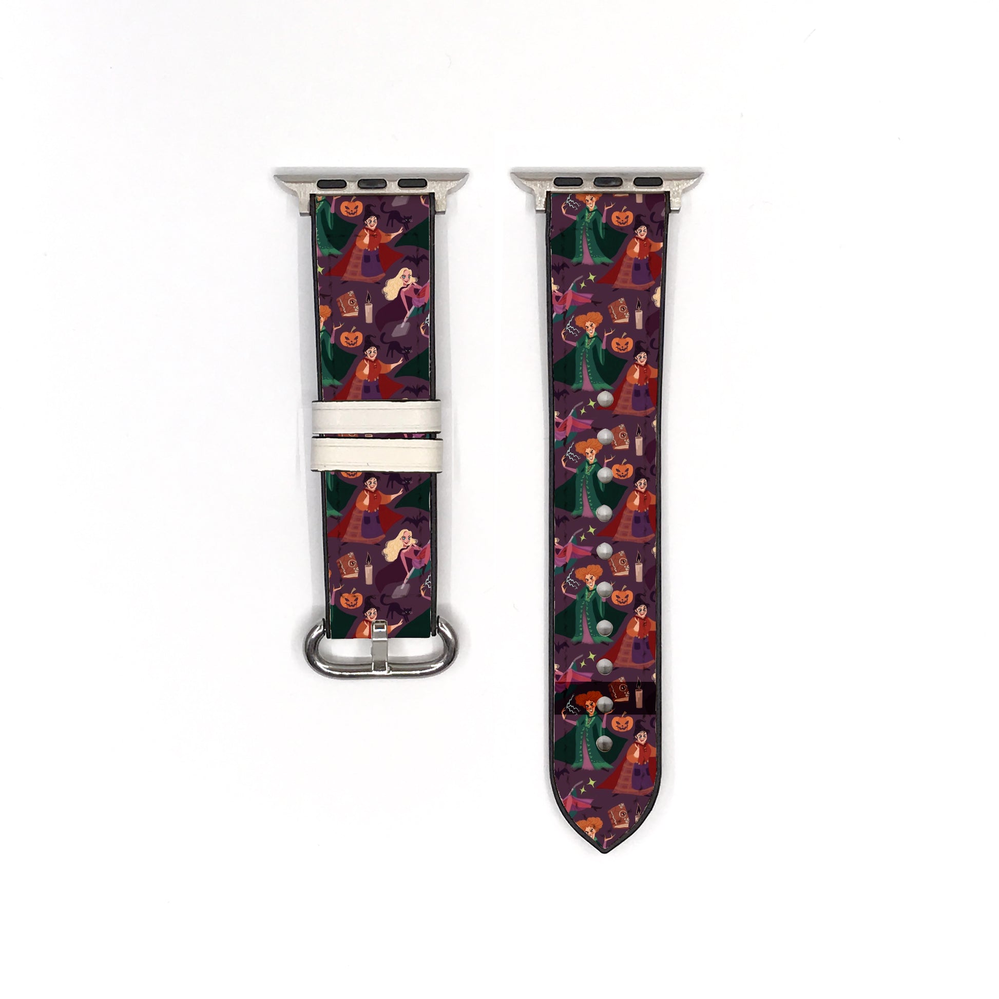 Smartwatch with a Hocus Pocus Halloween-themed strap on a white background