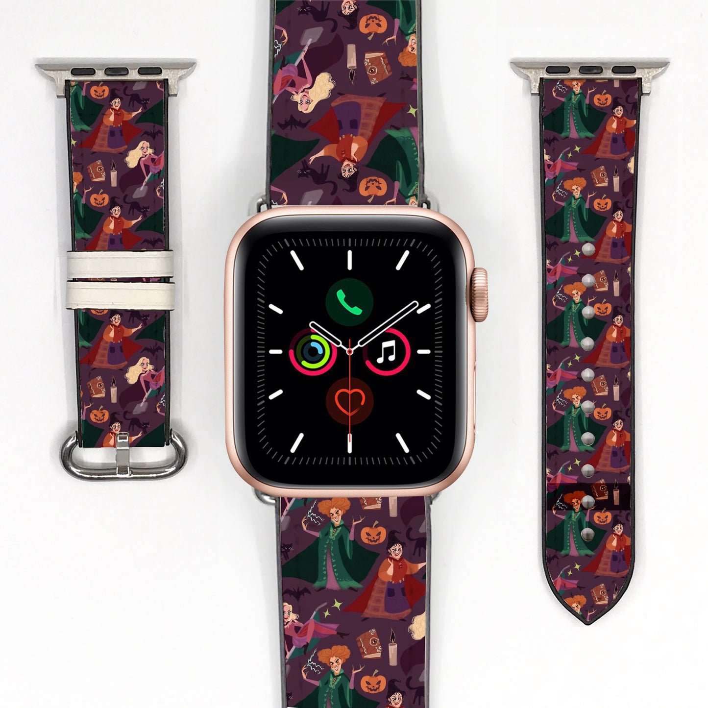Smartwatch with a Hocus Pocus Halloween-themed strap on a white background