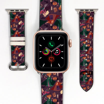 Smartwatch with a Hocus Pocus Halloween-themed strap on a white background