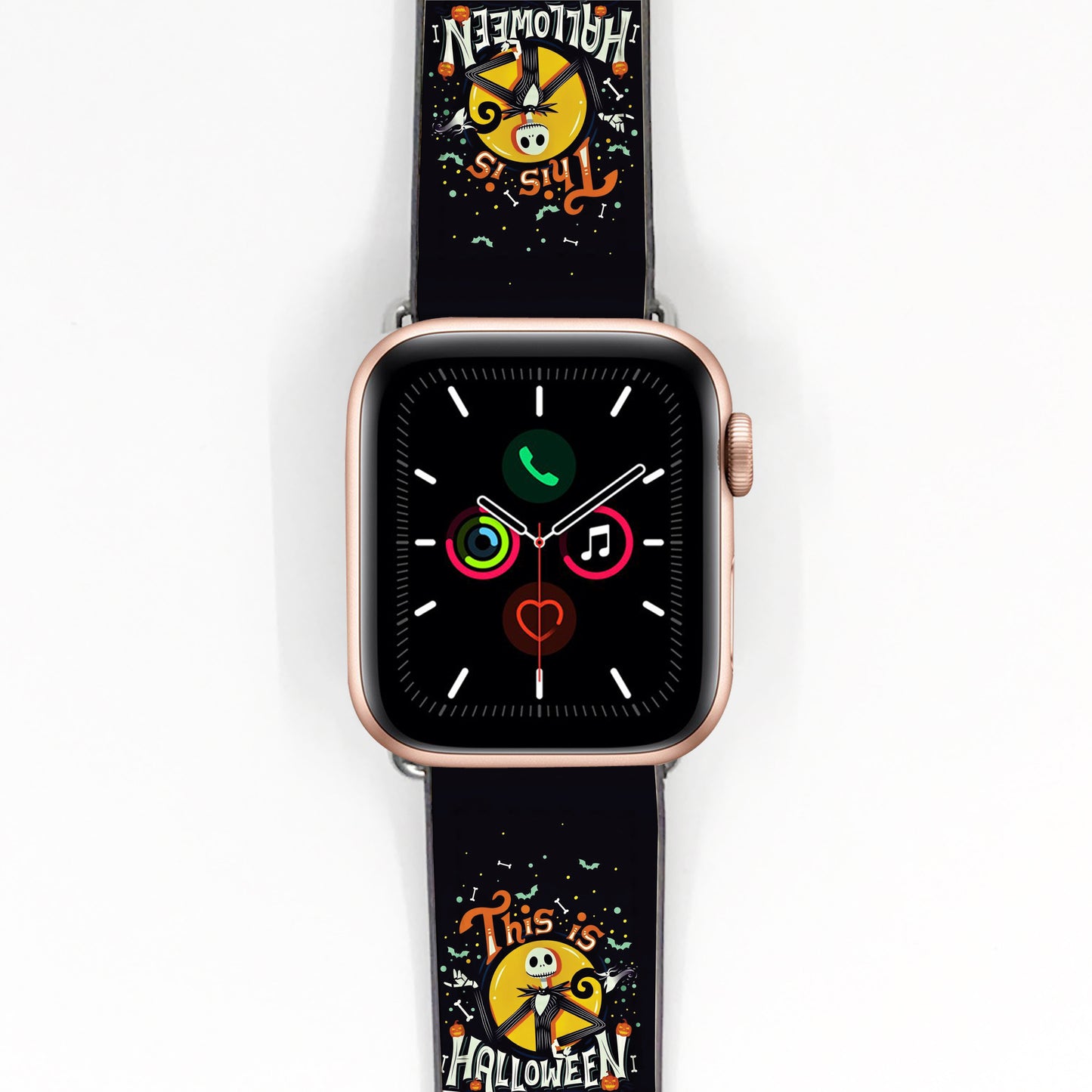 Smartwatch with a black Nightmare before Christmas Jack Halloween-themed band on a white background